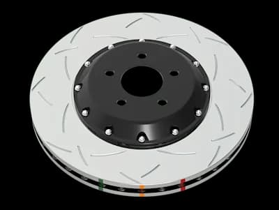 Disco freno DBA Serie 5000 T3 caratterizzato da un design con scanalature bidirezionali su superficie argentata, mozzo centrale nero e contrassegni indicatori colorati