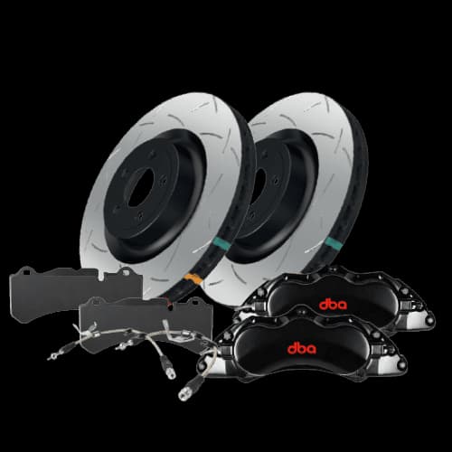 Kit completo per impianto frenante DBA contenente dischi freno scanalati, pastiglie freno e pinze freno con marchio DBA