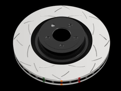Disco freno ad alte prestazioni DBA Serie 4000 T3 (S) con design brevettato delle scanalature trisimmetriche per una migliore dissipazione del calore e risposta di frenata Disco freno DBA Serie 4000 T3 con caratteristico motivo a scanalature trisimmetriche su superficie argentata con mozzo centrale nero e indicatori colorati sulle alette di raffreddamento