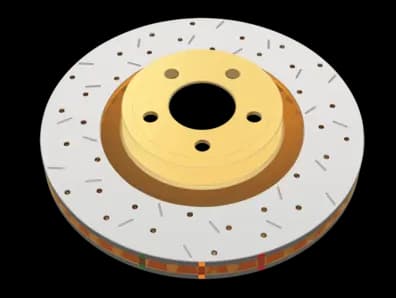 Disco freno di alta qualità DBA Serie 4000 XS Gold (XS) con design non direzionale forato e scanalato, ideale per auto da esposizione ad alte prestazioni Disco freno DBA Serie 4000 XS Gold con fori incrociati, scanalature e caratteristico mozzo con finitura dorata per prestazioni superiori e un grande impatto visivo