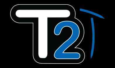 Logo della tecnologia DBA T2 per il design del disco freno scanalato bidirezionale Logo della tecnologia DBA T2 con T2 stilizzato in nero e blu che rappresenta il sistema di design del disco scanalato