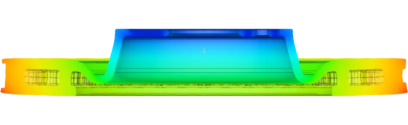 Simulazione informatica della profilatura di stabilità termica (TSP) proprietaria di DBA che mostra l'analisi del ciclo termico del disco freno Simulazione termica del disco freno DBA che mostra il gradiente di distribuzione del calore dal blu al giallo sul disco durante il processo di profilatura di stabilità termica