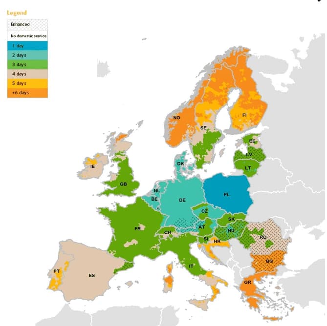Mappa completa del servizio di spedizione europeo UPS che mostra tempistiche di consegna, zone di servizio potenziate e limitazioni di copertura con dettaglio Paese per Paese Mappa del servizio europeo UPS con legenda dettagliata che mostra zone di consegna da 1 a 6+ giorni, aree di servizio potenziate e regioni senza servizio nazionale nei Paesi europei con codici Paese